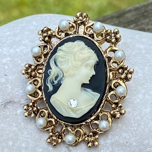 Cameo pendant Brooch ivory lady on black floral Pearl accent gold plated